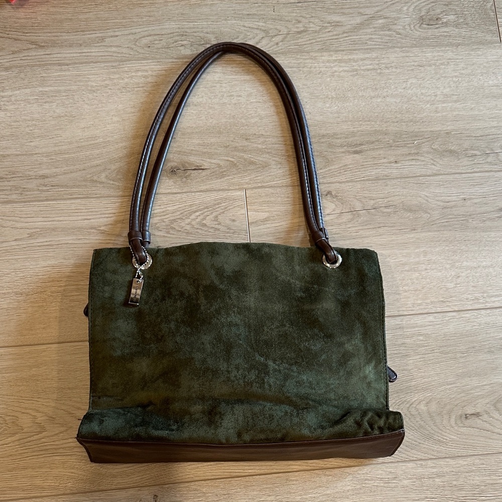 Olive Green Suede-Like Shoulder work Bag with Dark Brown Handles
